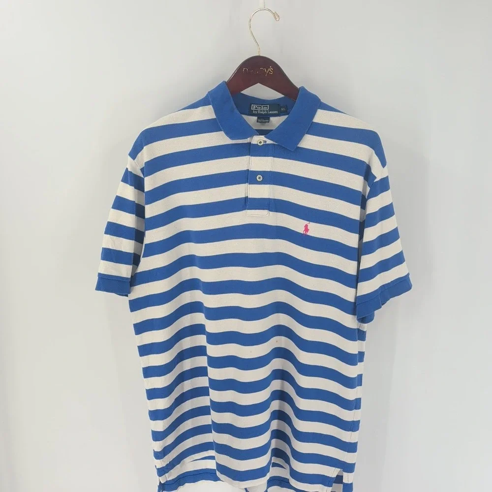 VTG Polo‎ By Ralph Lauren Striped Golf Performance Polo Shirt White Blue Size XL